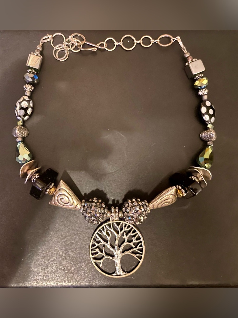 NWOT Silver Tree of Life Statement Necklace with Black and Iridescent Beads